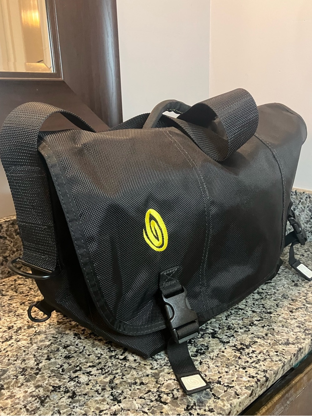 Vintage Timbuk2 made in USA Black Messenger Bag with Yellow Accent